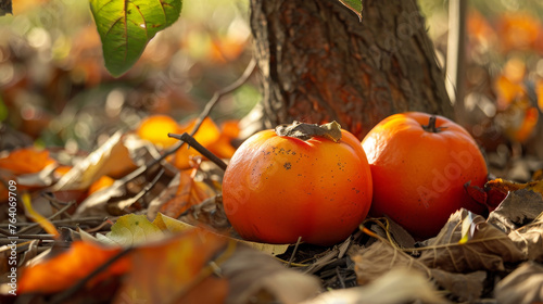 Persimmons and fallen leaves on an autumn day.