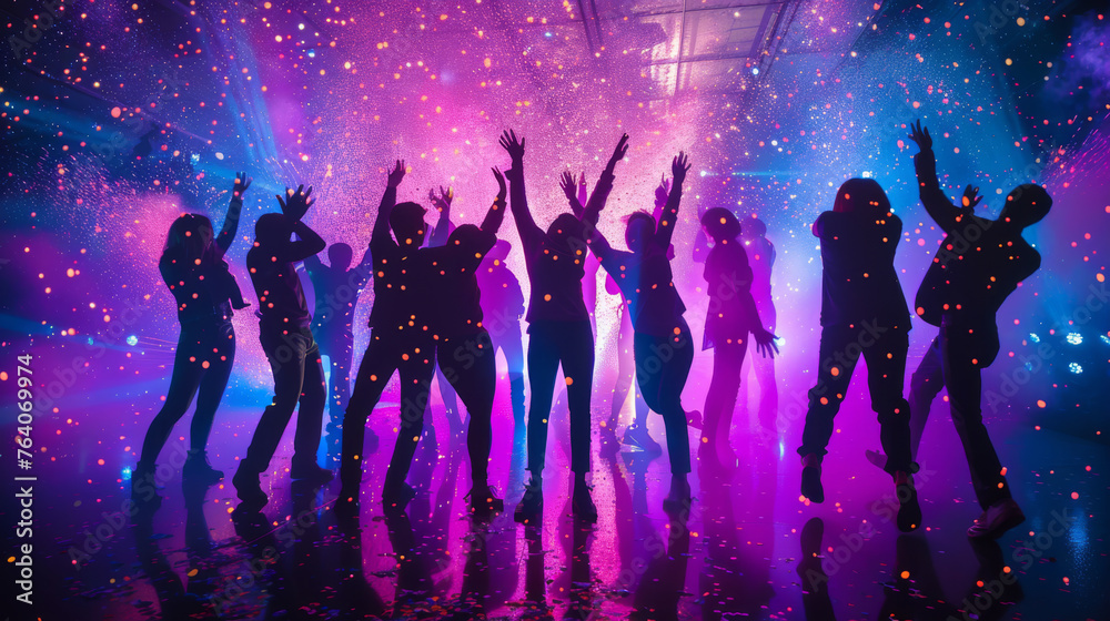 Silhouetted figures dance and celebrate under vibrant lights and falling confetti at a lively party.