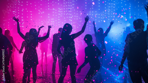 Silhouetted figures dance and celebrate under vibrant lights and falling confetti at a lively party.
