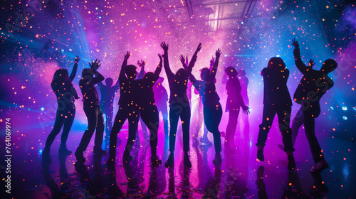 Silhouetted figures dance and celebrate under vibrant lights and falling confetti at a lively party.