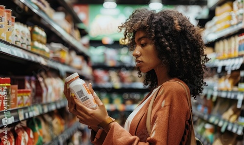 Woman examining product label in grocery store