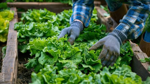 A pair of gloved hands tend to lettuce in a raised garden bed.