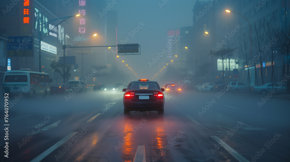 Evening rush hour traffic moves slowly through a dense dust PM2.5 on a city avenue, with streetlights. Evening rush hour traffic moves slowly through a dense dust PM2.5 on a city avenue, with streetlights.