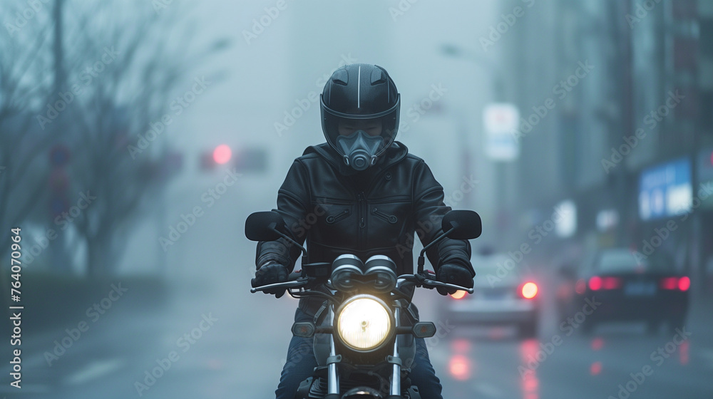 Motorcyclist with full gear rides in dense fog among city traffic, early morning light breaking through.. Motorcyclist with full gear rides in dense fog among city traffic, early morning light breaking through..