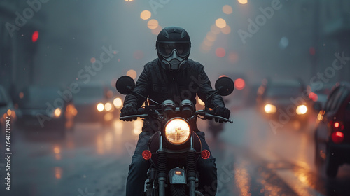 A motorcyclist with a helmet is riding motorcyle on a rain-slicked street amidst city traffic at night. photo