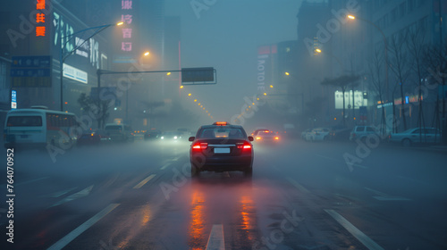 Evening rush hour traffic moves slowly through a dense dust PM2.5 on a city avenue, with streetlights.