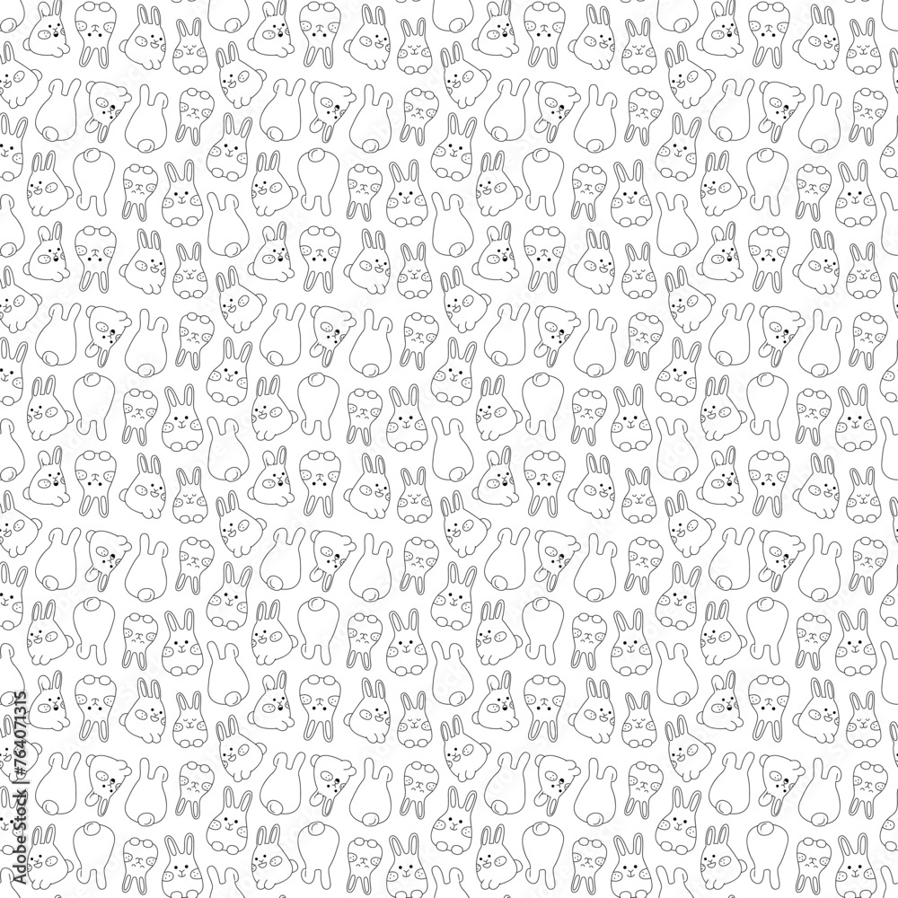 Seamless pattern with 5 different cute Easter bunnies. Doodle vector illustration.