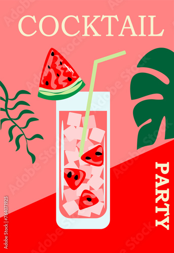 Set of cocktails. Illustration of fruit drinks in glasses. Banner with soft and alcoholic drinks, summer cocktails.