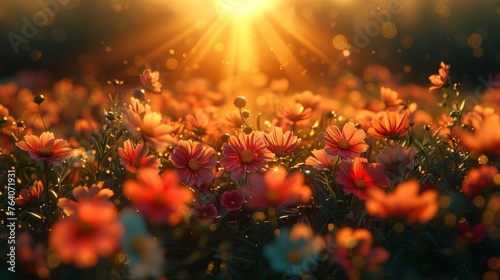 Sunset light shining through colorful flowers