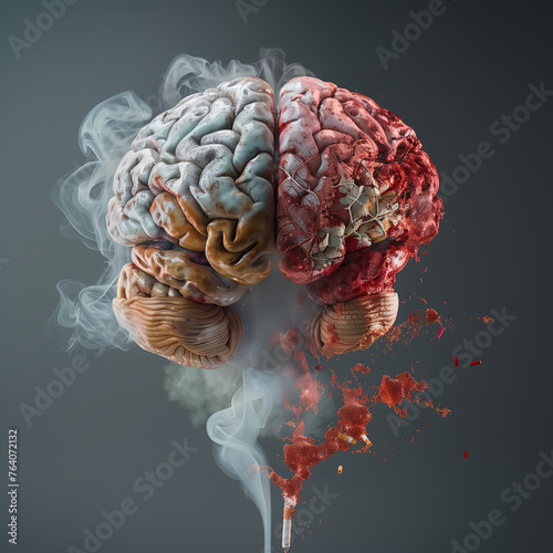 Illustration of a healthy brain contrasted with an unhealthy, deteriorating brain affected by tobacco smoking. 