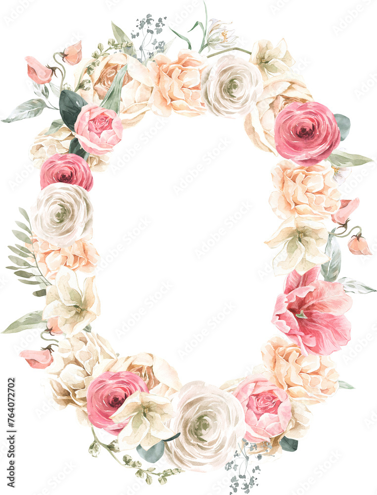 Watercolor Floral Bouquet Arch Frame. Pastel Wreath for Wedding Invitation Card