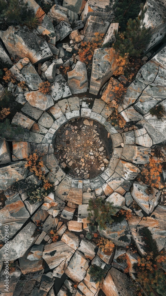 Aerial view of a stone quarry with circular patterns