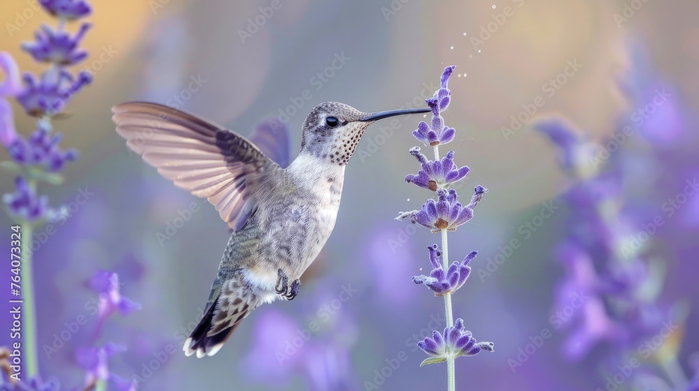 Fototapeta premium Nature in sync: Hummingbird extracting nectar, a close-up on ecological partnership