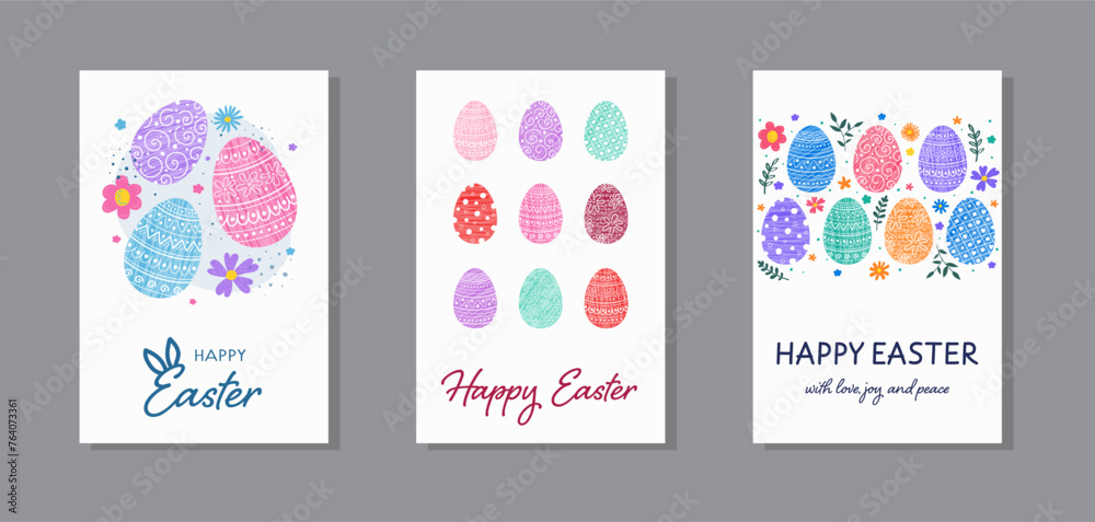 Colourful background with Easter eggs and flowers. A set of a greeting card. Background design. Vector illustration