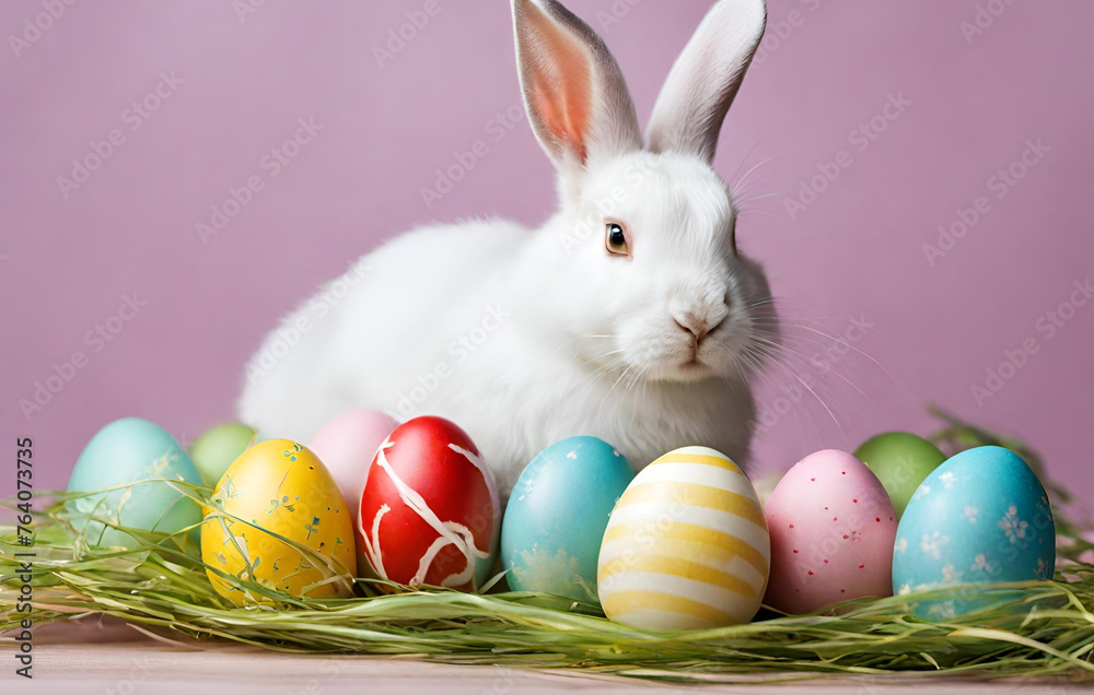 A bunny sits among easter eggs and a basket of easter eggs
