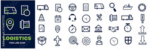 Logistics icon set. Containing distribution, shipping, transportation, delivery, cargo, freight, route planning, supply chain, export and import icons. Solid icon collection.