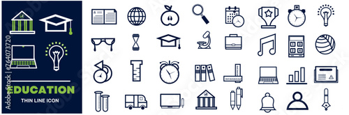 Education line icon collection. Editable stroke. Vector illustration. Containing knowledge, college, task list, design, training, idea, teacher, file, graduation hat, institute, ruler, telescope.
