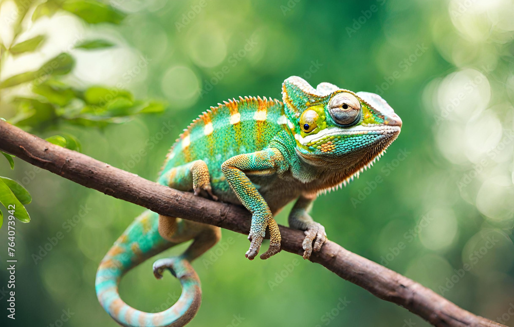 Colorful Chamelon Sits On A Tree Branch Background

