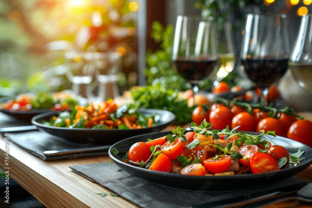 Freshly prepared salad with tomato and greens served with a glass of red wine in a sophisticated diner setting Freshly prepared salad with tomato and greens served with a glass of red wine in a sophisticated diner setting