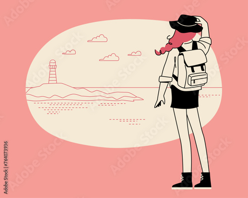 A woman looking at the scenery of her travel destination, sea background with a lighthouse visible