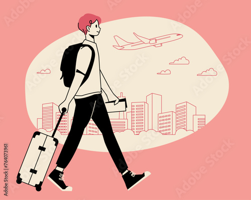 A man walking with his trunk in the background of the city and passenger plane
