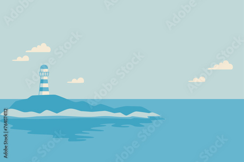 A simple seascape with an island with a lighthouse visible