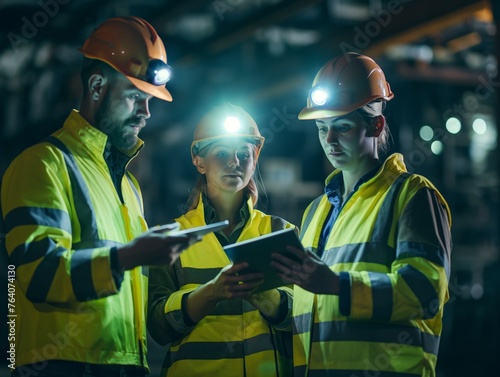 Three workers in high visibility safety gear discussing over a tablet in an industrial setting.