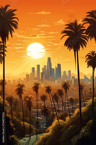 Los Angeles at sunset. Illustrated poster design. Ai Generative