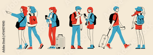 Illustration set of young male and female travelers
