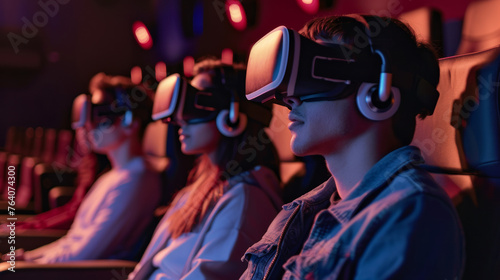 A focused group quietly engages with virtual reality simulations in a dark, intimate setup © road to millionaire