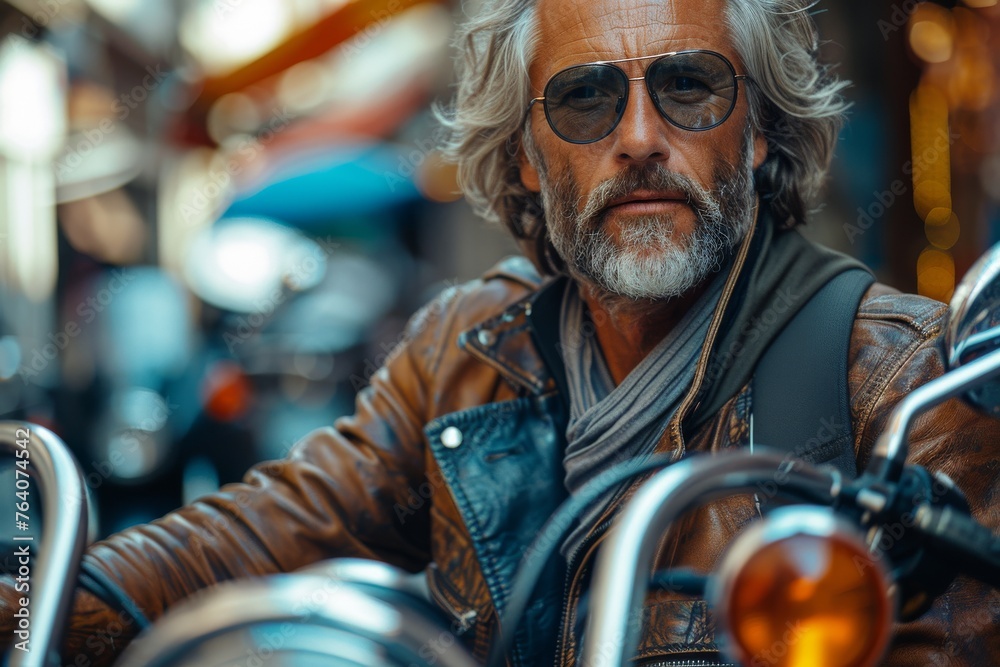 Stylish senior man with a sophisticated silver beard posing on a motorcycle in an urban environment