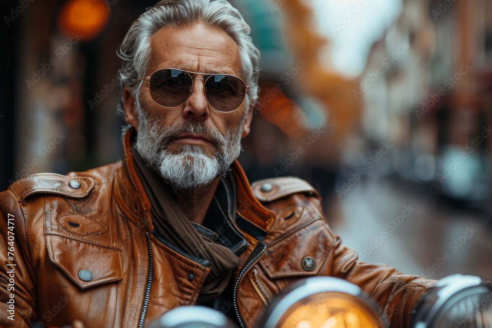 Senior man with grey hair and beard posing on a motorcycle with blurred city lights in the background