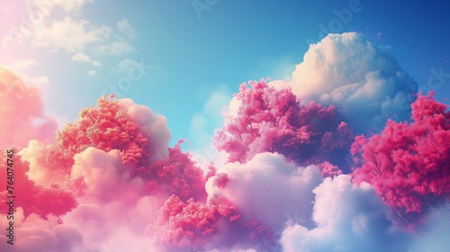 Fototapeta Różowe drzewa i chmury na niebie. Tło wyobraźni i kreatywności