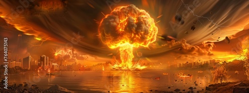 Nuclear explosion of atomic bomb in city. Town destroyed by atomic war. World war  last days of mankind. Environmental protection and the dangers of nuclear energy. End of world concept
