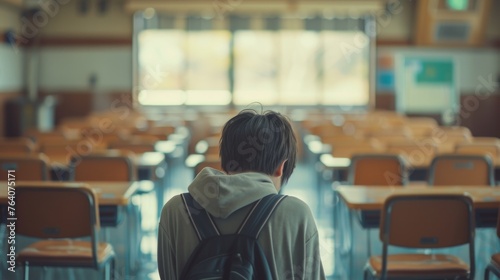 A young male student lost in thought, sitting in a classroom setting with her peers blurred in the background, reflecting a moment of introspection. concept of bullying among teenagers