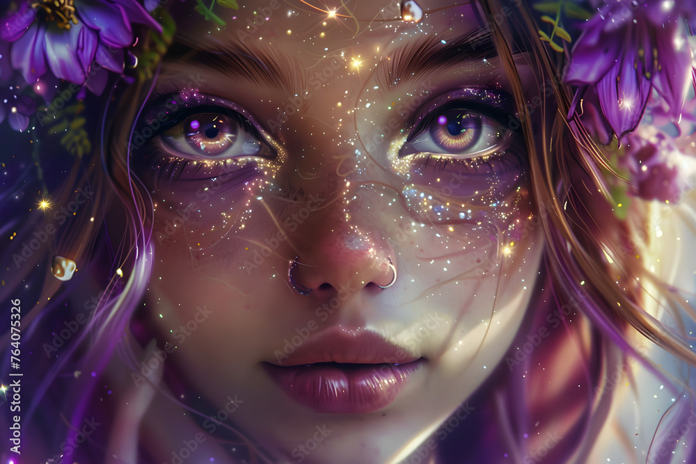 Extended Close-up of a Captivating Enchantress, With a Halo of Stardust Adorning Her Bewitching Form Extended Close-up of a Captivating Enchantress, With a Halo of Stardust Adorning Her Bewitching Form
