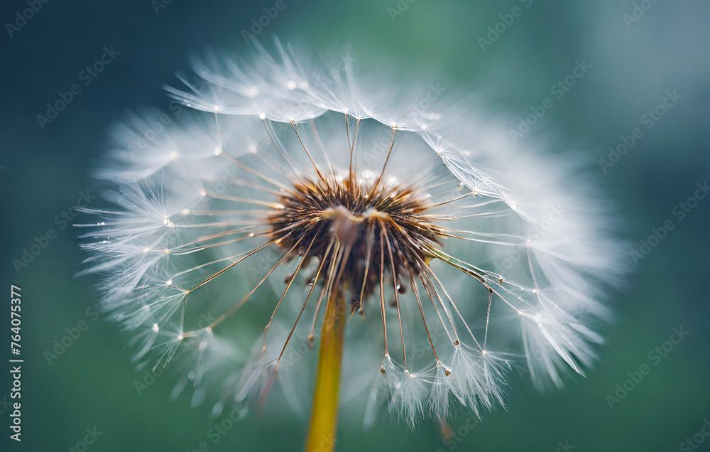 Dandelion with seeds in nature and small bright white flower on blurred green background generative ai
