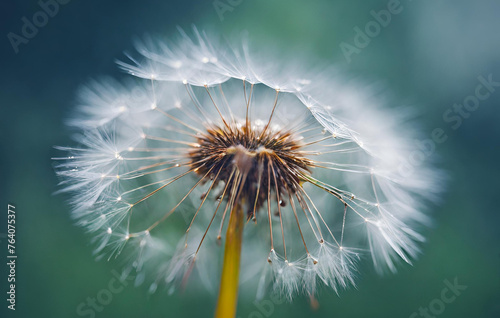 Dandelion with seeds in nature and small bright white flower on blurred green background generative ai 