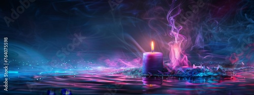 Purple candle burning on dark blue background with soft blurry lights and glittering . Esoteric spiritual practice, magical atmosphere. Advent candle with Season of Hope, All Souls Day