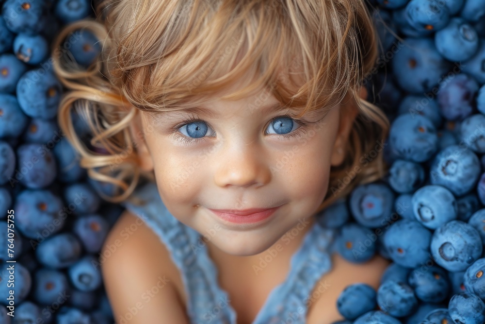 Joyful young girl smiling with blue eyes, with a backdrop of vibrant blueberries, projecting happiness Joyful young girl smiling with blue eyes, with a backdrop of vibrant blueberries, projecting happiness