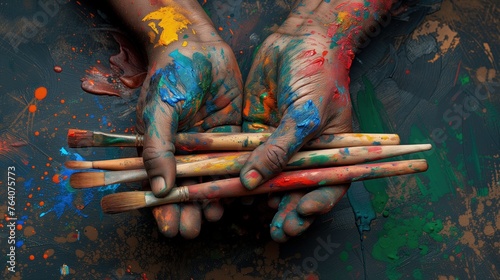 Dwie ręce, pokryte kolorowymi pigmentami, trzymają pędzle wykonane z drewna, gotowe do malowania.