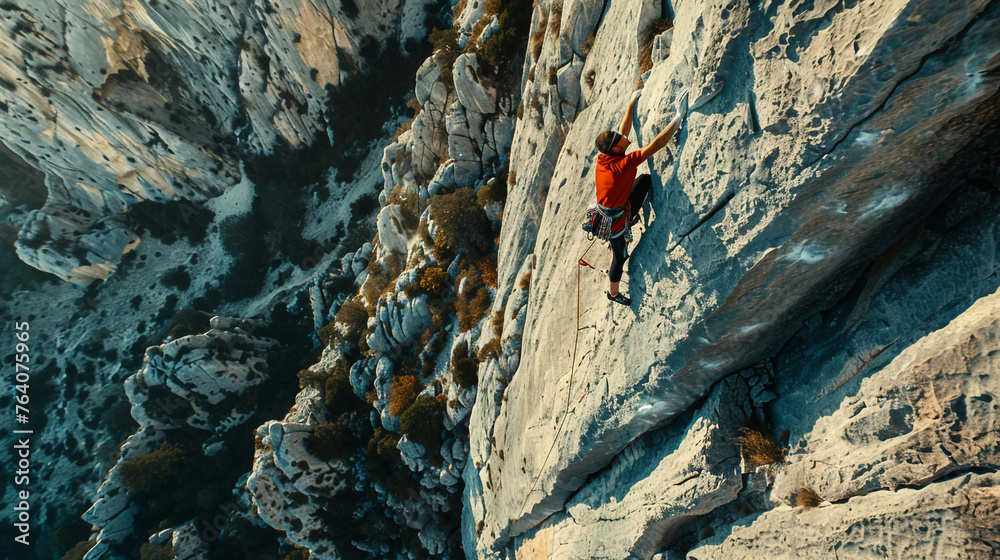 A dynamic shot of a skilled rock climber ascending a challenging and towering rock face