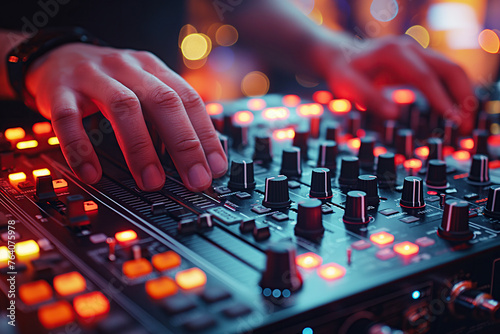 male hands of DJ mixes music on a DJ console mixer at a nightclub in night party