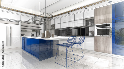 Modern kitchen sketch - kitchen banner- kitchen design background - blue kitchen