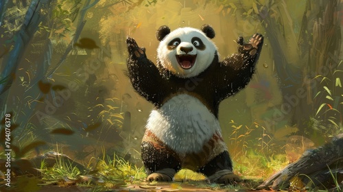 A lone panda performing a comedy routine, eliciting laughter with its antics. photo