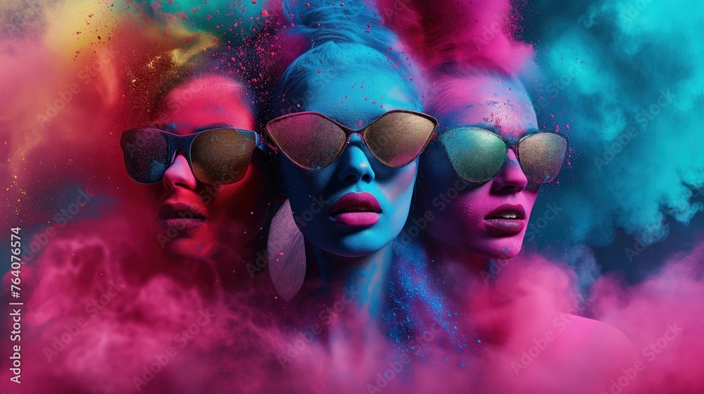 Naklejka premium Trzy glowy kobiet otoczone kolorowym dymem z tęczowym proszkiem na twarzach. Abstrakcja podczas święta kolorów Holi.