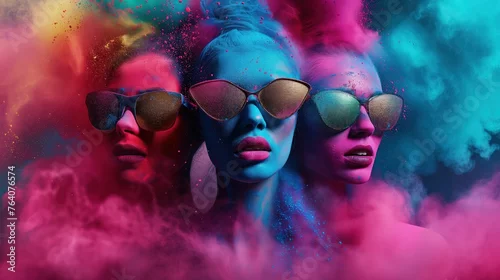 Obraz  z motywem Trzy glowy kobiet otoczone kolorowym dymem z tęczowym proszkiem na twarzach. Abstrakcja podczas święta kolorów Holi.