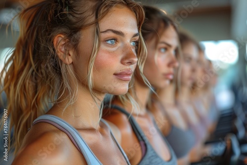 A group of focused women working out on treadmills in a fitness center