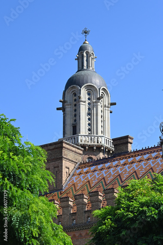 Dome of the orthodox church among green acacias against the background of the blue sky.