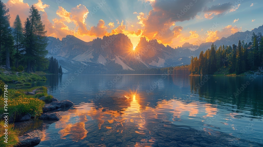 Sunset over a mountain lake with pine trees
